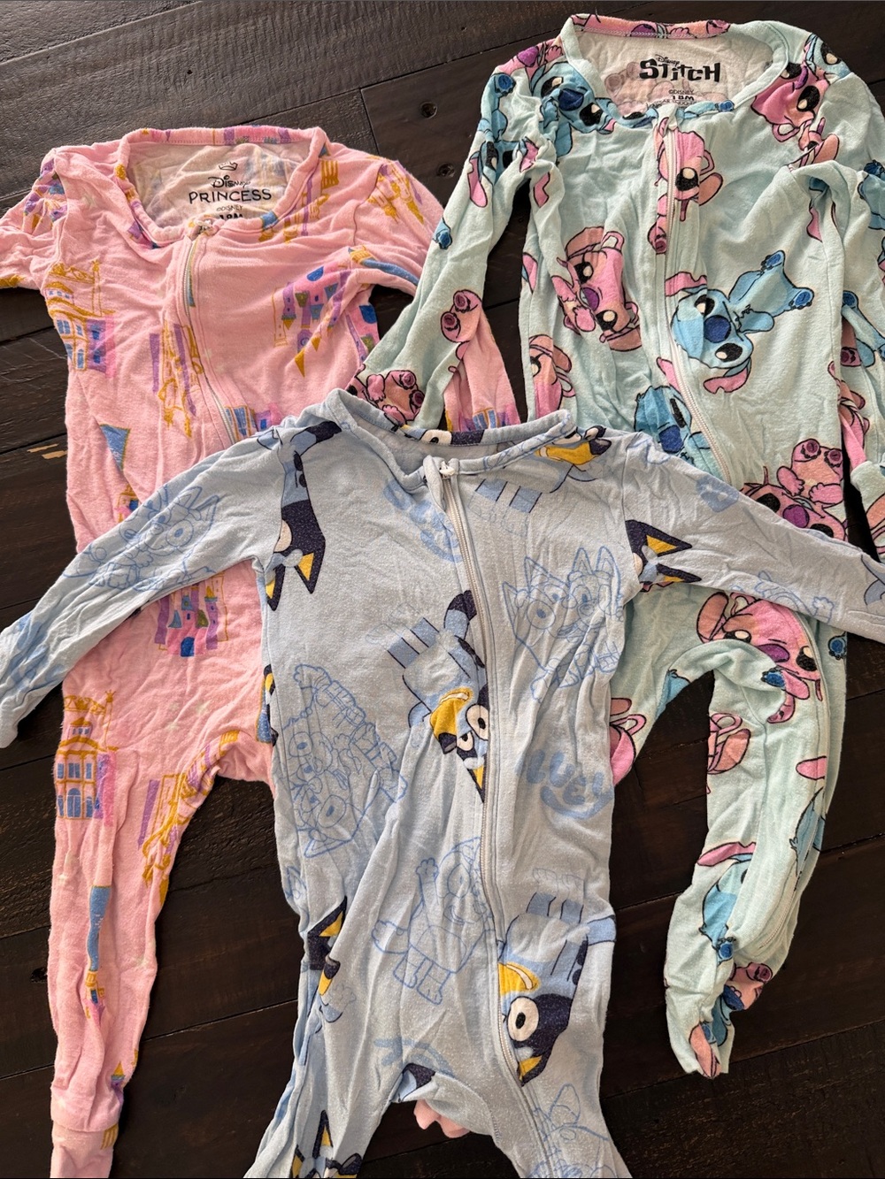 3 Disney 18mo One-Piece Zipper Pajamas